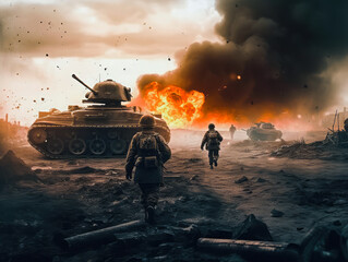 Soldiers on the battlefield. War environment with burning flames and explosion. The troops are attacking.  - obrazy, fototapety, plakaty