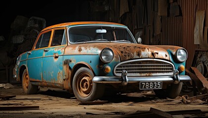 Aged and neglected vehicle in a natural environment featuring dirt, rocks, and mud, AI-generated.