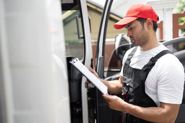 Portrait Asia delivery men working with sign documents of buddy in truck	