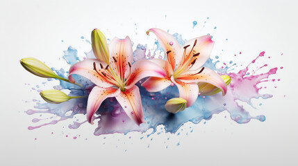  a group of pink flowers with splashes of paint on a white background.  generative ai