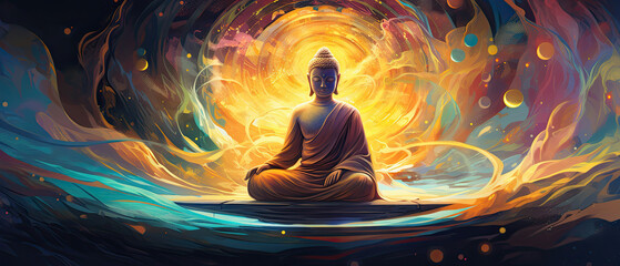 glowing golden buddha in the colorful light of chakra - obrazy, fototapety, plakaty