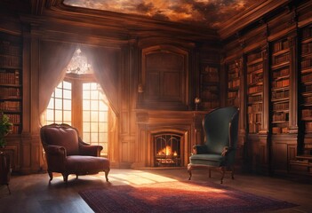 AI generated illustration of an inviting armchair situated in front of a warm fireplace - obrazy, fototapety, plakaty