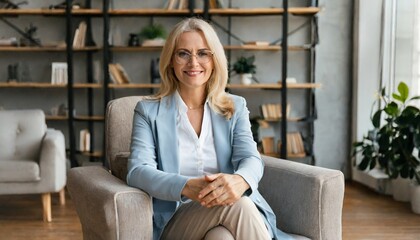 Middle aged female psychotherapist, counselor sitting in chair alone in office looking at camera. Sophisticated elegant mature 50s woman of mid age with blond hair posing indoors