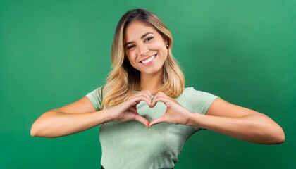 Young happy latin woman showing heart making shape with hands isolated on green background. Smiling female model expressing love and dating romance, warm affection, health care concept - obrazy, fototapety, plakaty