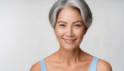 Mature beautiful middle aged asian woman, senior older grey haired lady looking at camera touching face applying under eye antiaging anti wrinkle perfect skin care cream, isolated on white headshot