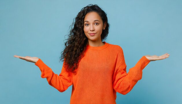 Young confused puzzled latin professional woman, doubtful uncertain hispanic female model student wearing orange sweater standing shrugging thinking of difficult choice isolated 
