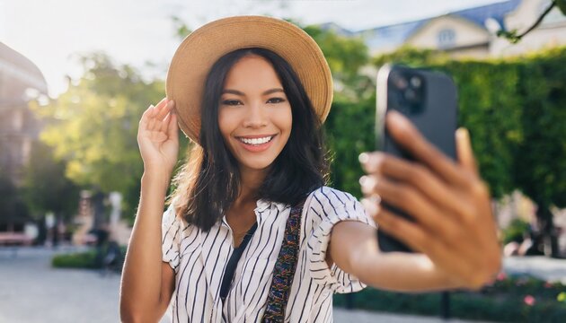 Young happy woman wearing hat winking taking selfie on summer city street. Cheerful pretty lady fashion model holding phone looking at mobile camera making portrait photo outdoor