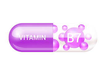 Capsule vitamin B7 structure purple and white It's transparent and vitamin pill is on inside. Beauty concept. Personal care. Isolated on cut out PNG. transparent capsule pill. Drug business concept.