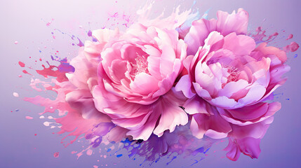  two pink flowers with splashes of paint on a purple background.  generative ai