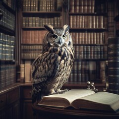 AI generated illustration of a majestic owl perched atop an open book in a library
