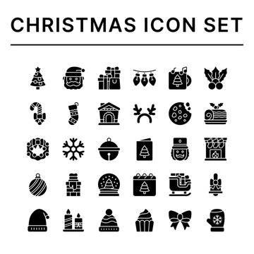 Christmas icon set. Solid Glyph style icons