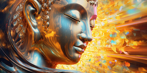 glowing golden buddha in the colorful light of chakra