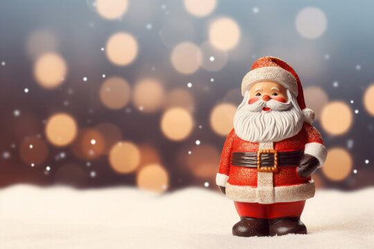 Santa Claus Doll in Snowy Wonderland with Bokeh Lights