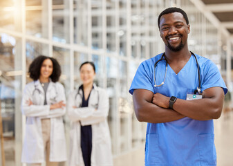 Happy black man, portrait and doctor with arms crossed for medical services, advice and consulting in busy hospital. Surgeon, male nurse and healthcare therapist for expert, trust and pride in clinic - obrazy, fototapety, plakaty