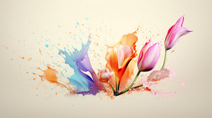  a group of colorful flowers with splashing paint on them.  generative ai