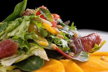 Mango salad, with jerky, grapefruit, pine nuts and mint, on a white plate, white background
