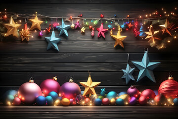 Colorful lights, stars and balls in front of a wall made of dark wooden panels