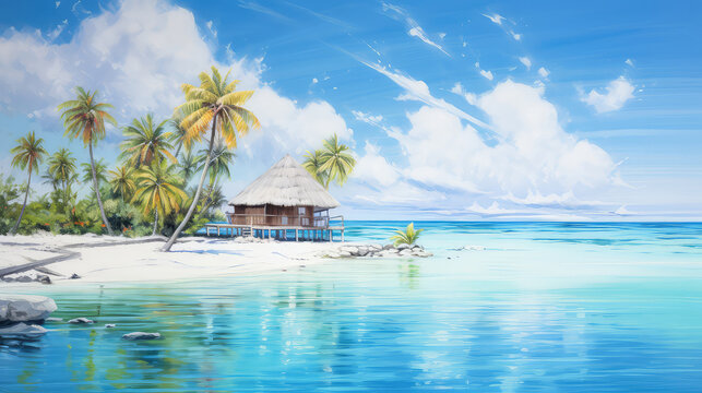 oil painting on canvas, View of Maldiv beach resort, panoramic landscaps. (ai generated)