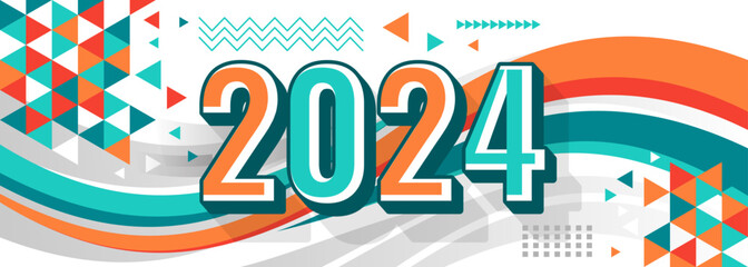 Obraz premium 2024 Happy New Year logo trend design. 2024 colored number design template. 2024 typography symbol Happy New Year. Vector illustration with labels trendy and fashionable colors.