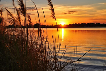 Fototapeta premium Beautiful landscape of the river, reeds, water surface at sunset.