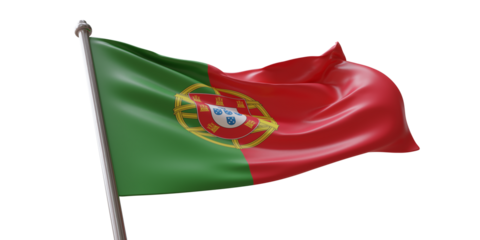 Portugal flag waving isolated on white transparent background, PNG.