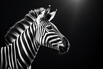 A zebra head in front of a black background