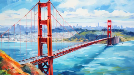 Fotobehang oil painting on canvas, Golden Gate bridge, San Francisco California. USA. © ImagineDesign