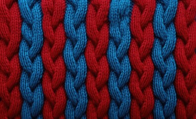 Seamless texture of red, blue  knitted fabric with pigtails. Knitted background - obrazy, fototapety, plakaty