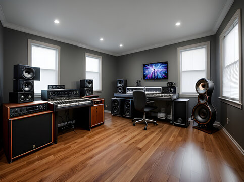 Ultra realistic interior design music studio. Medium