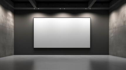 exhibition hall interior with illuminated empty white mock up banner on concrete wall, frames on wall, white blank screen, Generative AI - obrazy, fototapety, plakaty