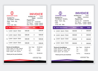 Business Minimal Corporate Invoice design template vector illustration bill form price . Creative template and stationery design payment agreement design template Cash Memo, Vector Quotation Design