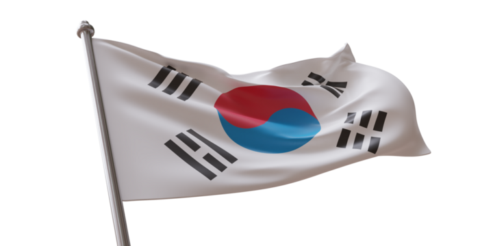 South Korea flag waving isolated on white transparent background, PNG. - Powered by Adobe