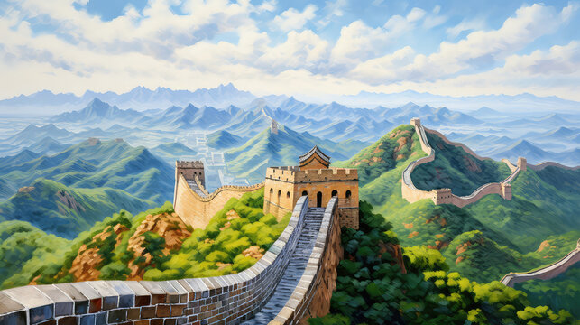 oil painting on canvas, The Great Wall of China.