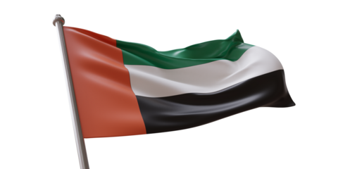 UAE, United Arab Emirates flag waving isolated on white transparent background, PNG.