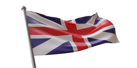 United Kingdom UK flag waving isolated on white transparent background, PNG.