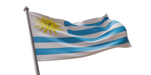 Uruguay flag waving isolated on white transparent background, PNG.
