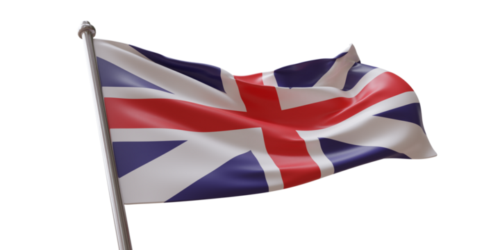 United Kingdom UK flag waving isolated on white transparent background, PNG.