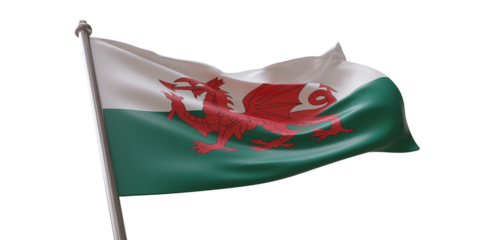 Wales flag waving isolated on white transparent background, PNG.