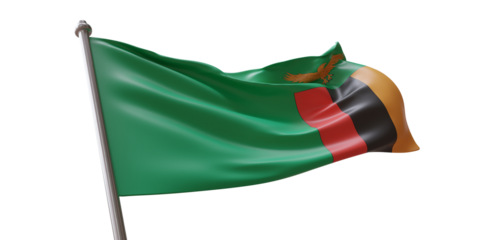 Zambia flag waving isolated on white transparent background, PNG.