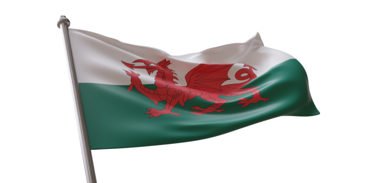 Wales flag waving isolated on white transparent background, PNG.