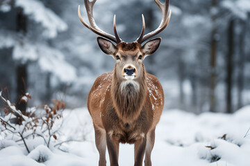 Naklejka na ściany i meble Red deer in winter forest ai generated art. 