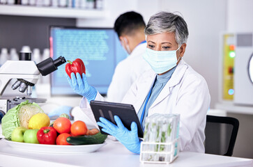 Female scientist, vegetables and lab with tablet for information on app or research for diet....