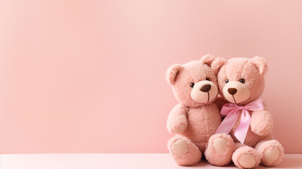 Two cute fluffy teddy bears boy and girl sitting hugging each other on pink background. Valentine holiday charity banner