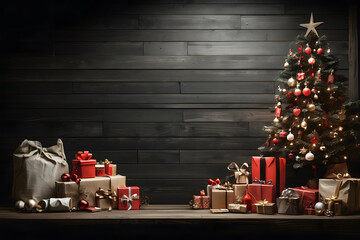 Decorated Christmas trees and gifts stand in front of a dark-colored wooden wall