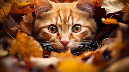 close up of a orange cat face with leaves autumn, Generative AI