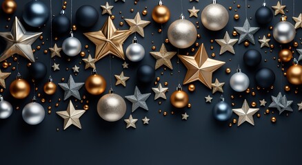 Christmas flat background. Black jewelry on a dark black background. Minimalist design. Copy space.