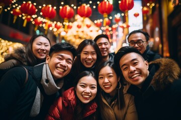 Grupo de amigos sonrientes y divertidos celebrando el año nuevo chino en las calles.  - obrazy, fototapety, plakaty