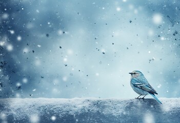 Christmas, New Year holiday background, bright birds sitting on a snow-covered branch of red berries, pine forest