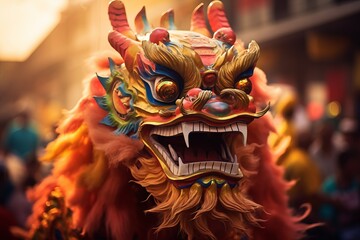 Desfile de dragón celebrando la entrada del año nuevo en China. Tradición. Año del dragón.  - obrazy, fototapety, plakaty