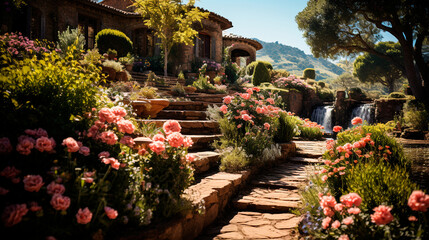 Garden Paradise on a Slope: Stone Retaining Walls, Cascading Waters, and Diverse Floral Displays. Generative AI.